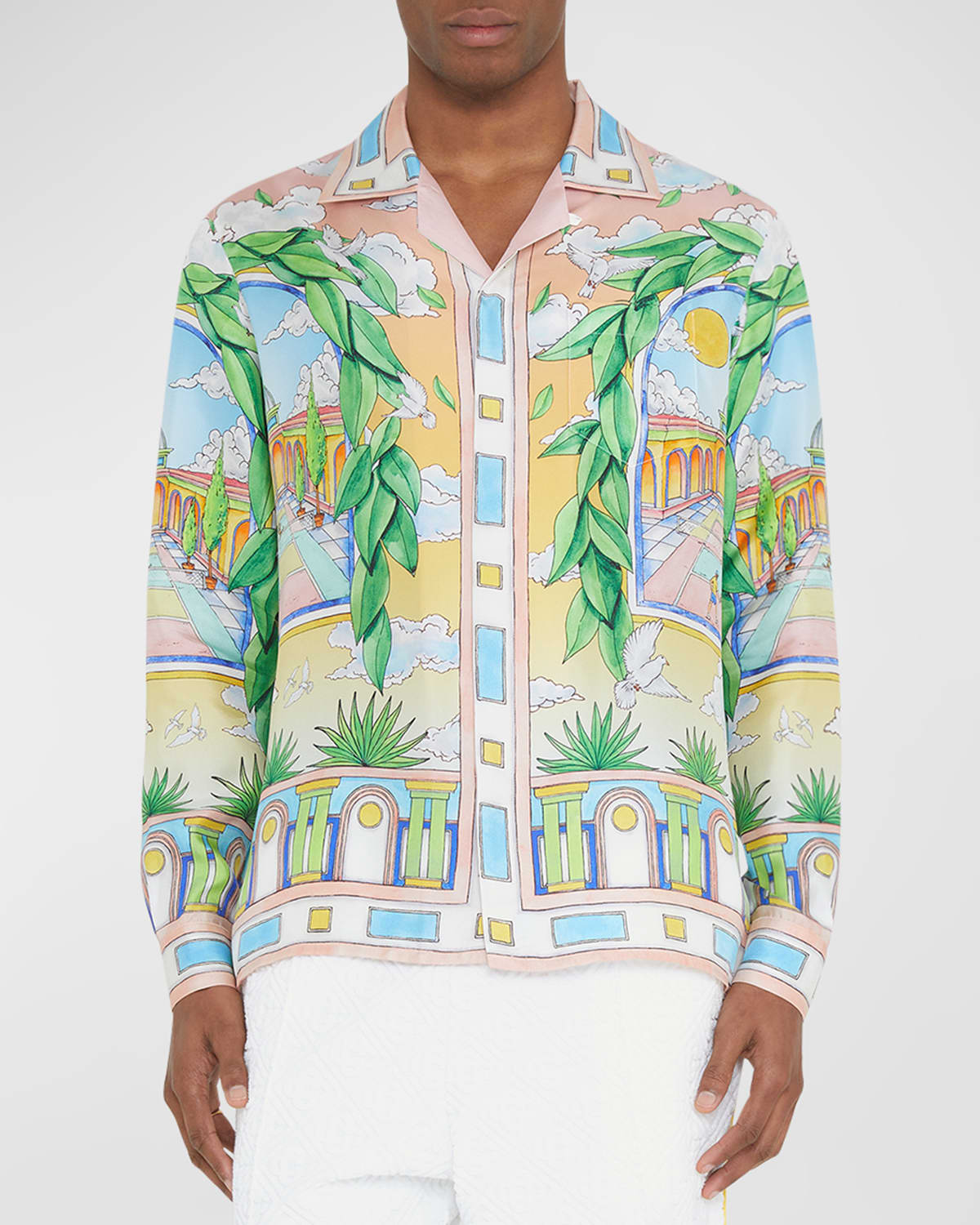 Casablanca Men's Silk Shirt With Cuban Collar In Paysage Ideal
