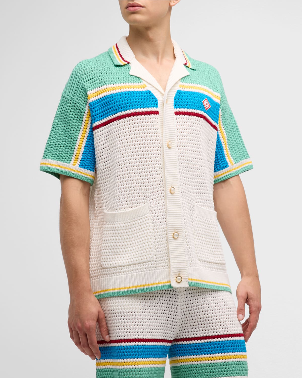 Shop Casablanca Men's Crochet Button-down Tennis Shirt In White / Blue Mu