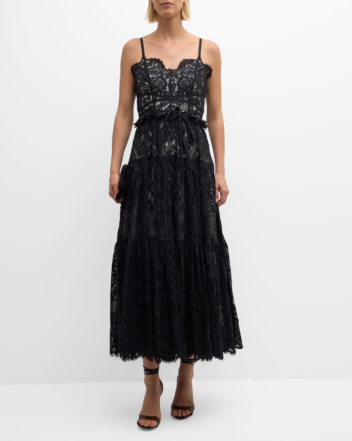 Cinq À Sept Lana Tiered Lace Sweetheart Midi Dress In Black