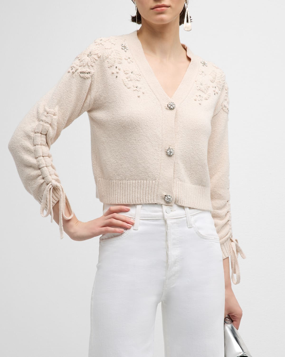 Cinq À Sept Brie Embroidered Crystal-embellished Crop Cardigan In Neutral
