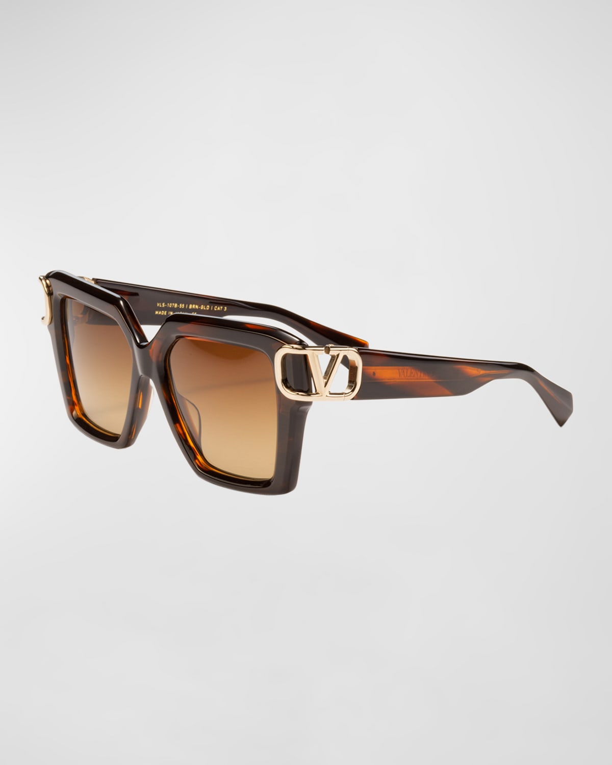 Shop Valentino V-uno Acetate Rectangle Sunglasses In Brn - Gld