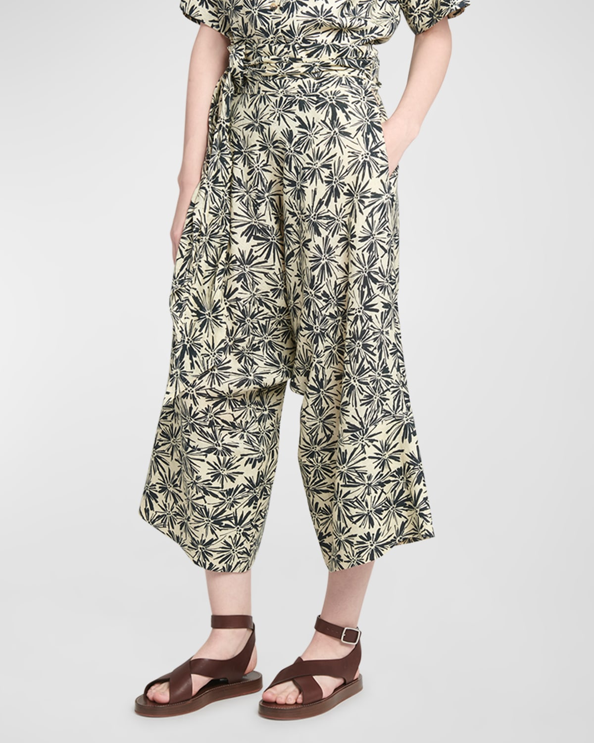 Shop Loro Piana Yuki Flower-print Wrap-waist Wide-leg Crop Linen Pants In T1j3 Blue Navy+nouga