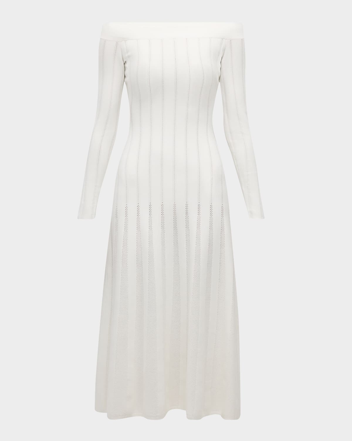 Off-The-Shoulder Long-Sleeve Pointelle Knit Godet Maxi Dress