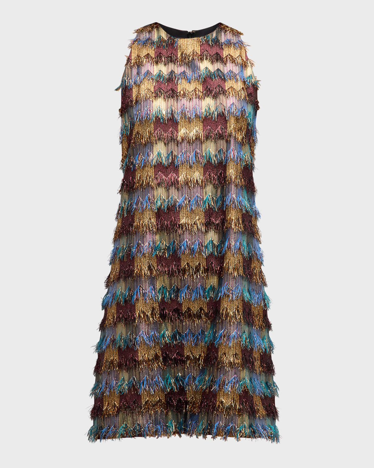 Shop Lela Rose Metallic Zigzag Fringe Sleeveless Tunic Dress In Multi
