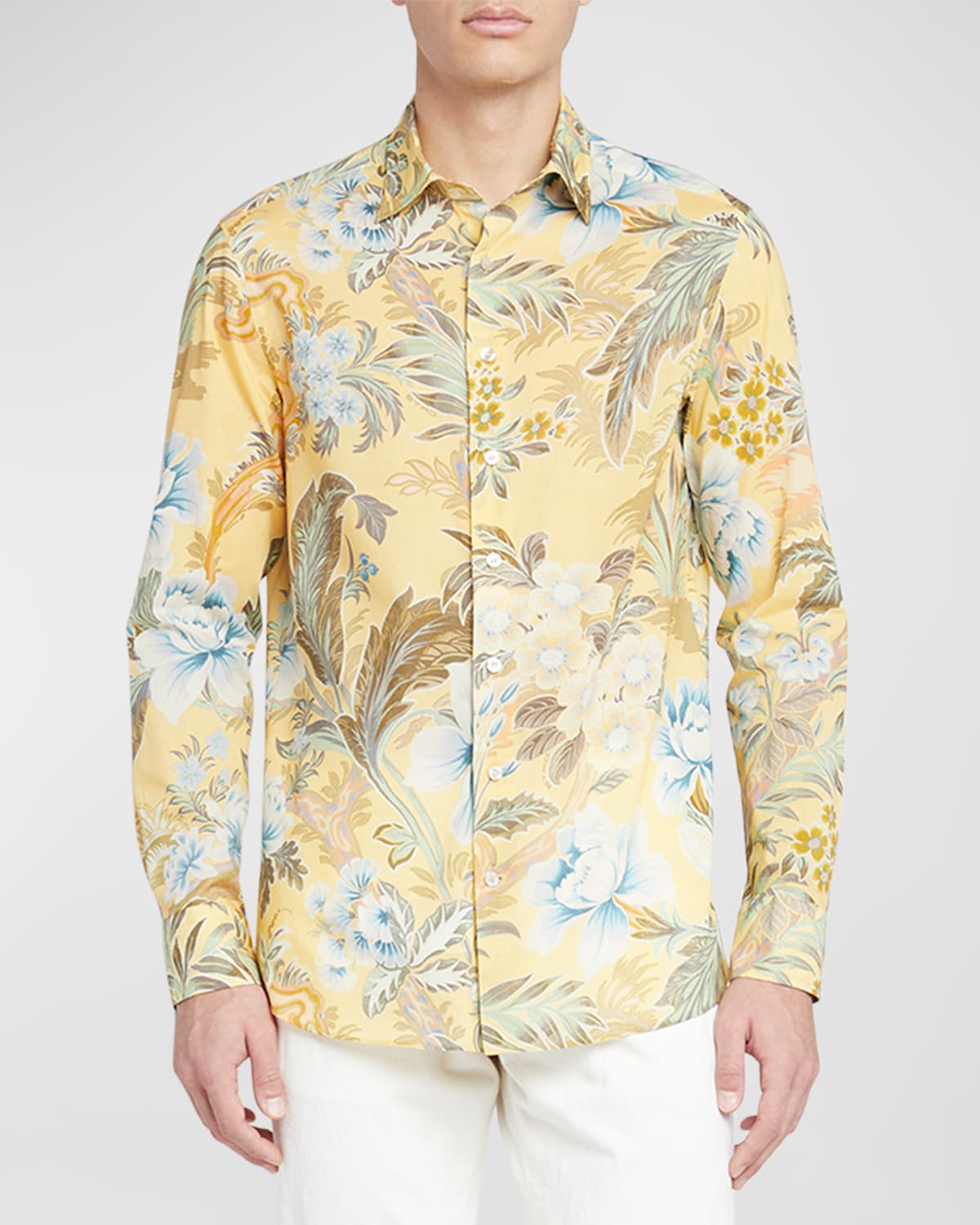 Etro Men's Floral Print Dress Shirt In Print On Yellow Base