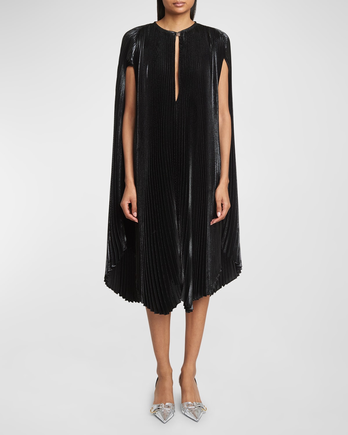 Shop Givenchy Metallic Pleated Cap-sleeve Midi Dress In Black