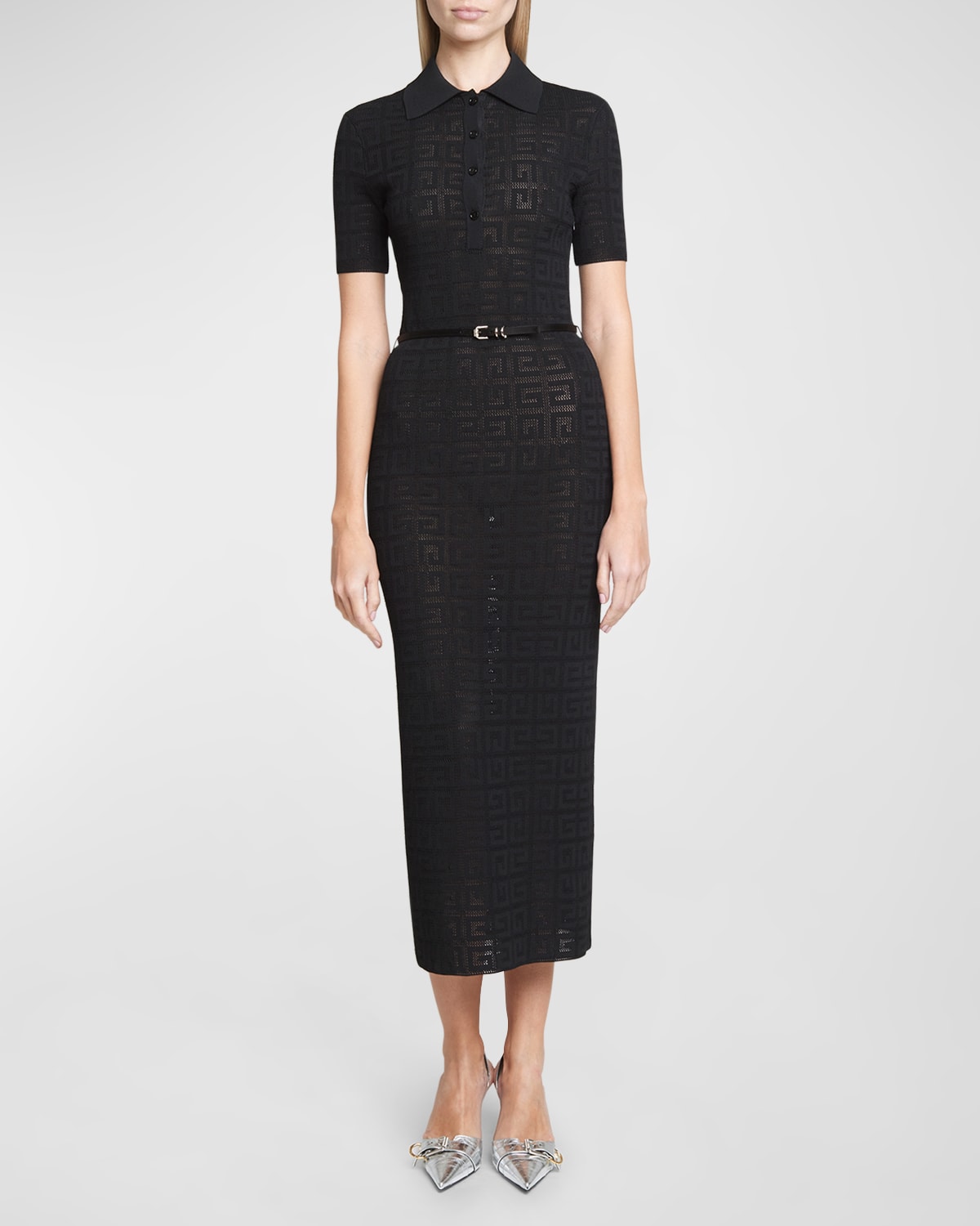 Shop Givenchy 4g Knit Short-sleeve Midi Polo Dress With Voyou Belt In Black