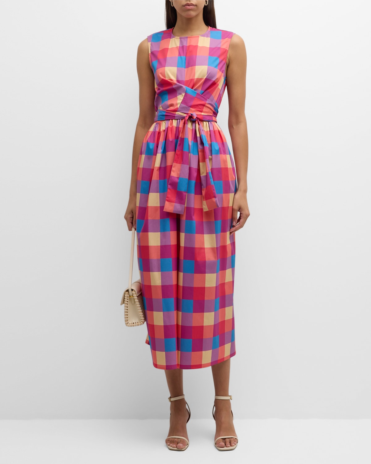 Shop Misook Plaid Cotton Fit-and-flare Maxi Dress In Radiant Pink/adriatic Blue/parchment