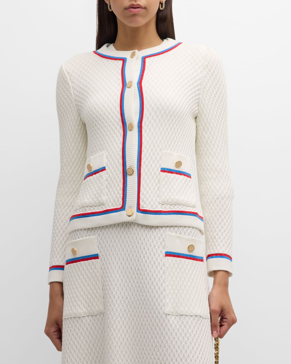 Shop Misook Heritage Contrast-trim Intarsia Ribbed Soft Knit Jacket In New Ivory/adriatic Blue/radiant Pink