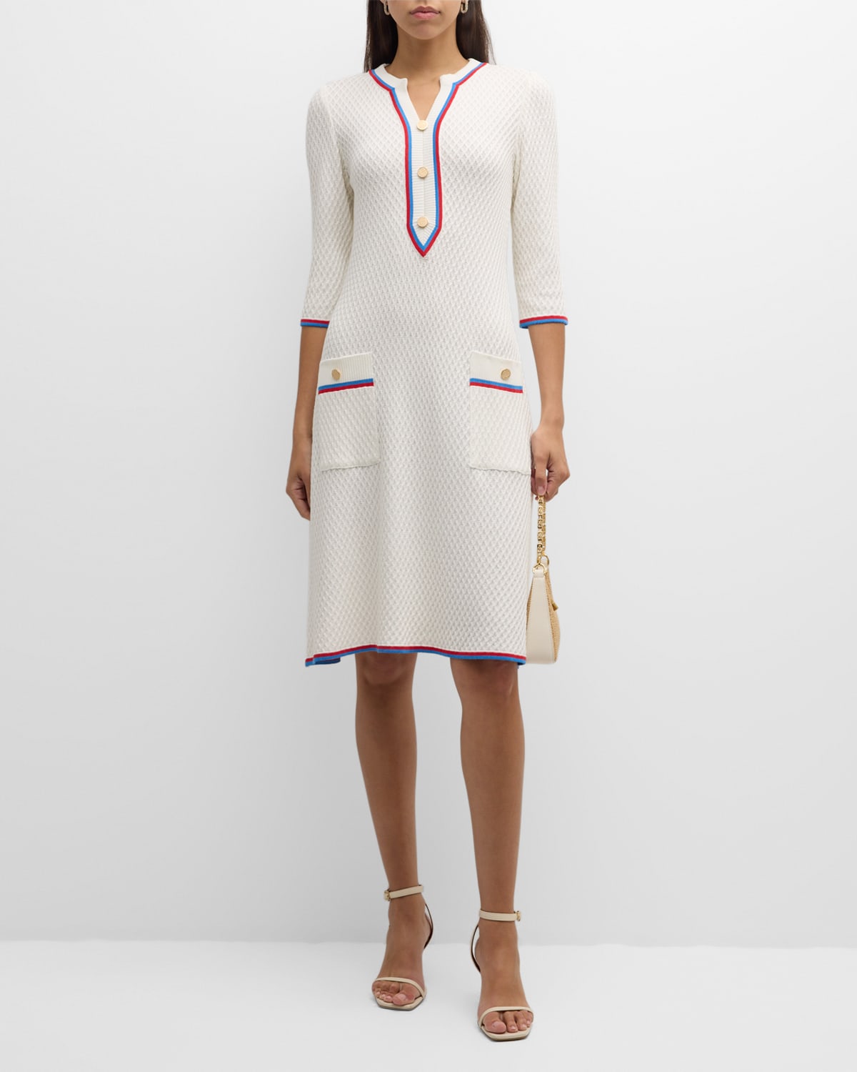 Shop Misook Intarsia Ribbed Soft Knit Sheath Dress In New Ivory/adriatic Blue/radiant Pink