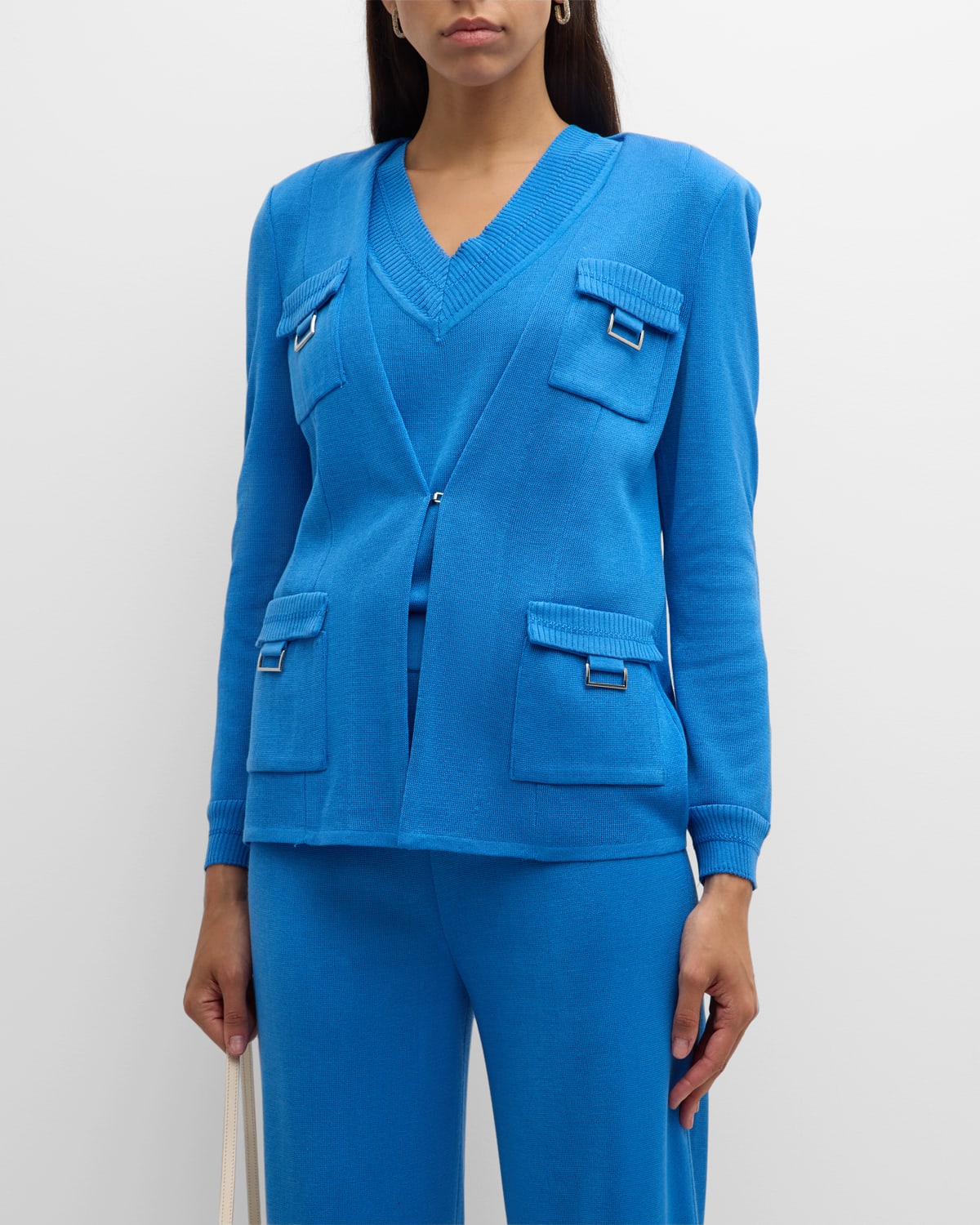 Shop Misook Tailored Metallic Accent Ribbed Flat Knit Jacket In Adriatic Blue
