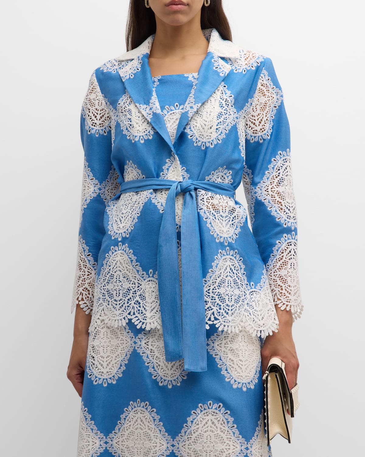 Shop Misook Heritage Lace Inset Applique Tie Jacket In Adriatic Blue/white