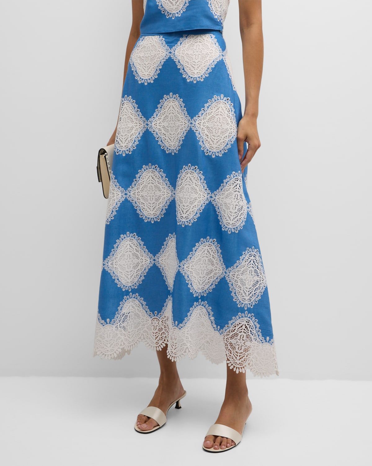 Shop Misook Lace Inset Woven Maxi Skirt In Adriatic Blue/white