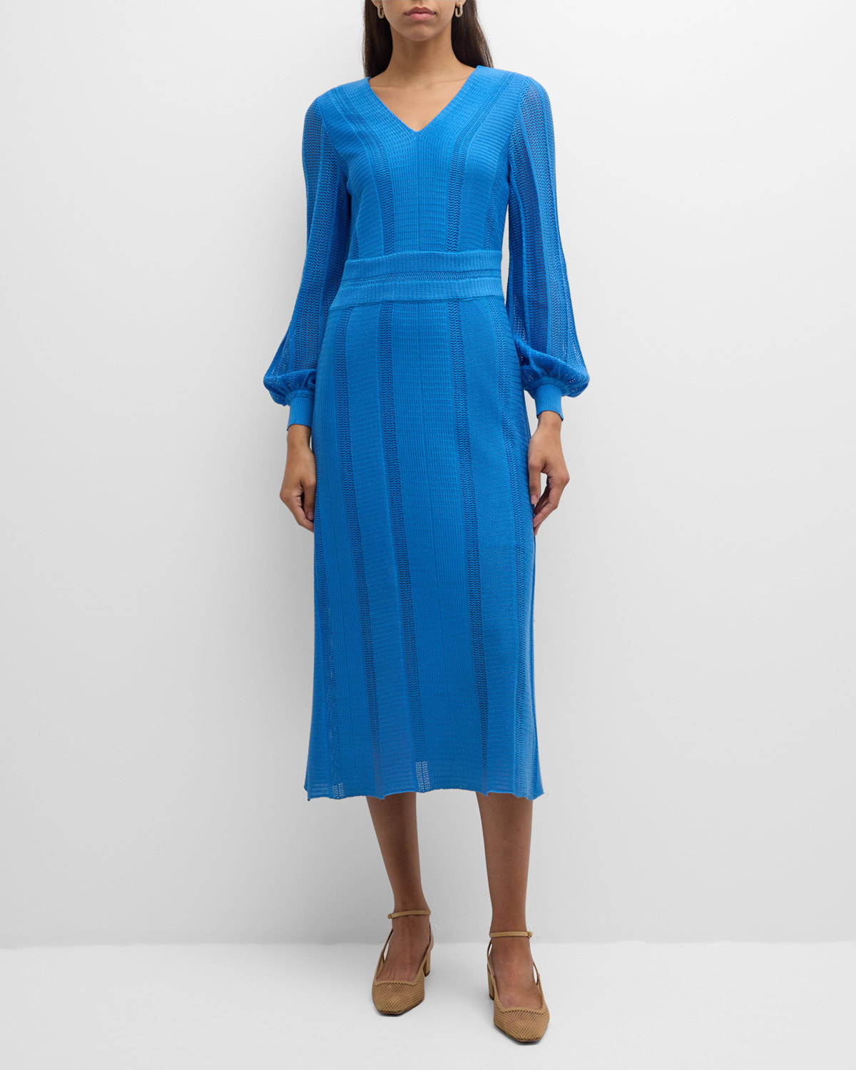 Shop Misook Multi-stitch Knit Fit-and-flare Midi Dress In Adriatic Blue