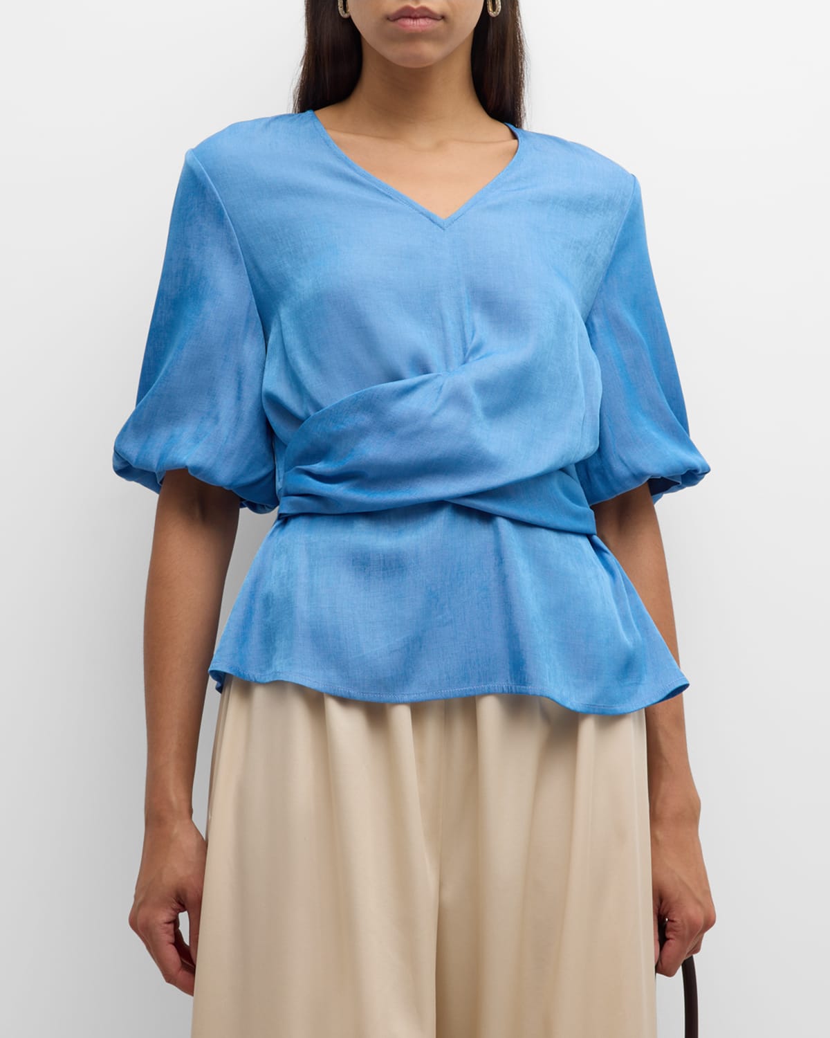 Woven Crossover Puff-Sleeve Blouse