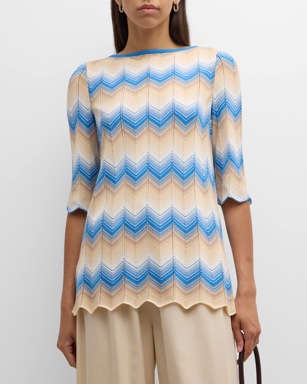 Shop Misook Intarsia Soft Knit Chevron Tunic In Adriatic Blue/parchment/sand/new Ivory