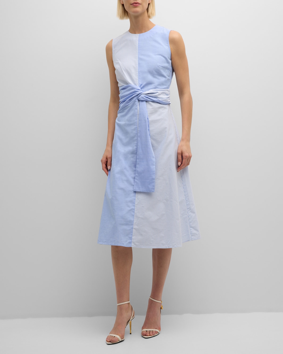 Shop Misook Striped Split-pattern Cotton Midi Dress In Adriatic Blue/new Ivory