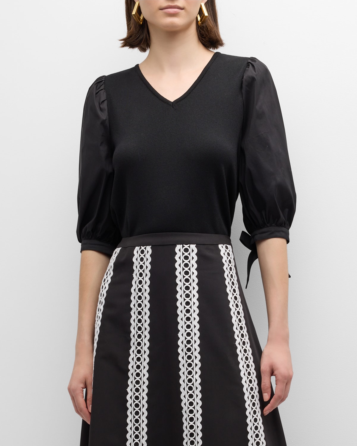 Shop Misook Mixed Media Puff-sleeve Blouse In Black