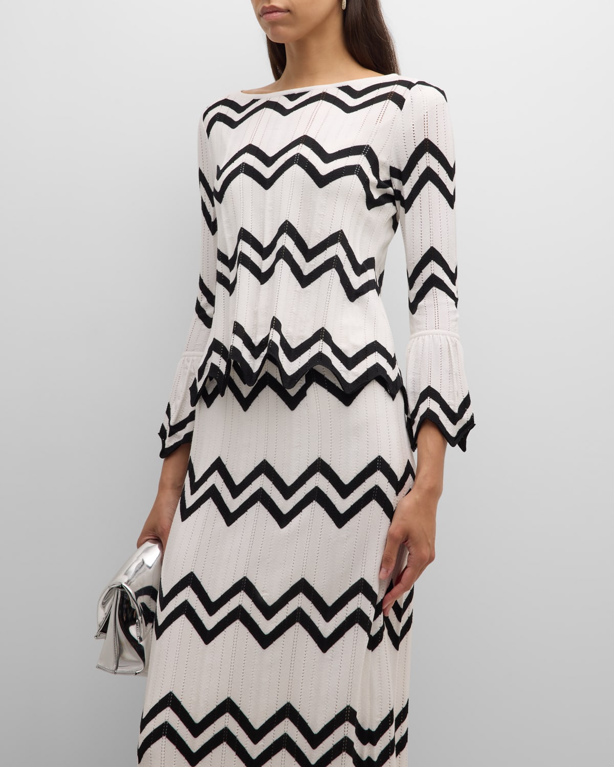 Shop Misook Contrast Chevron Pointelle Soft Knit Tunic In New Ivory/black