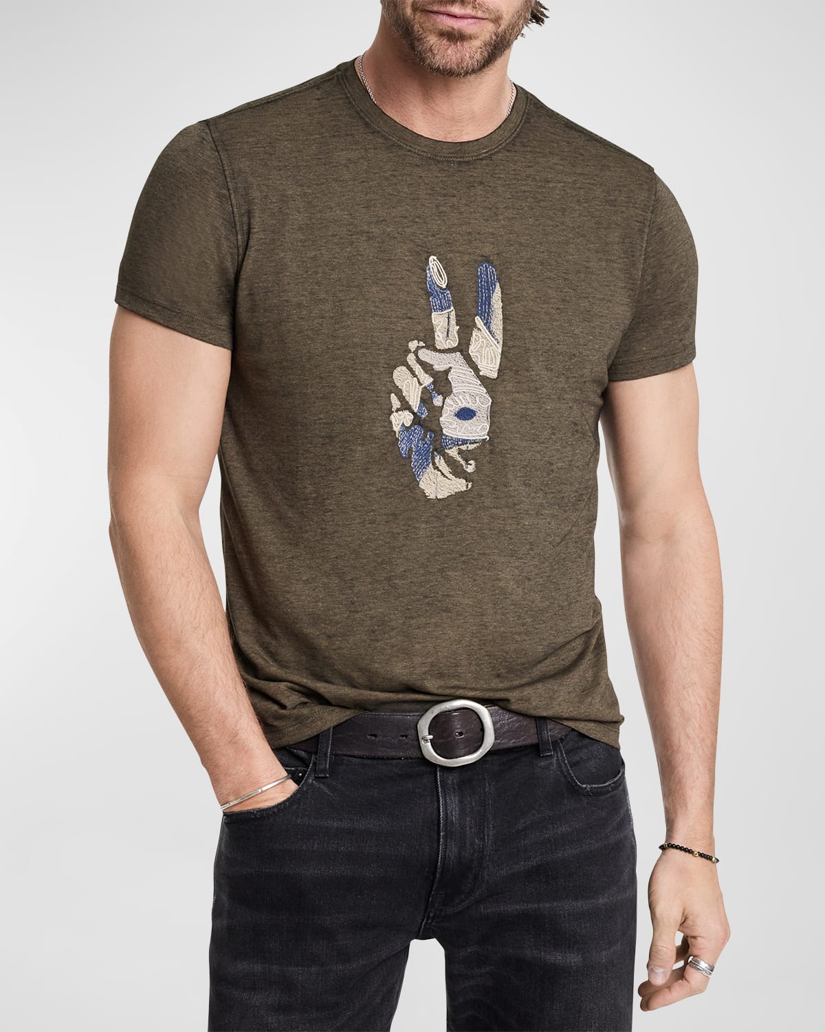 Shop John Varvatos Men's Peace Embroidery T-shirt In Olive