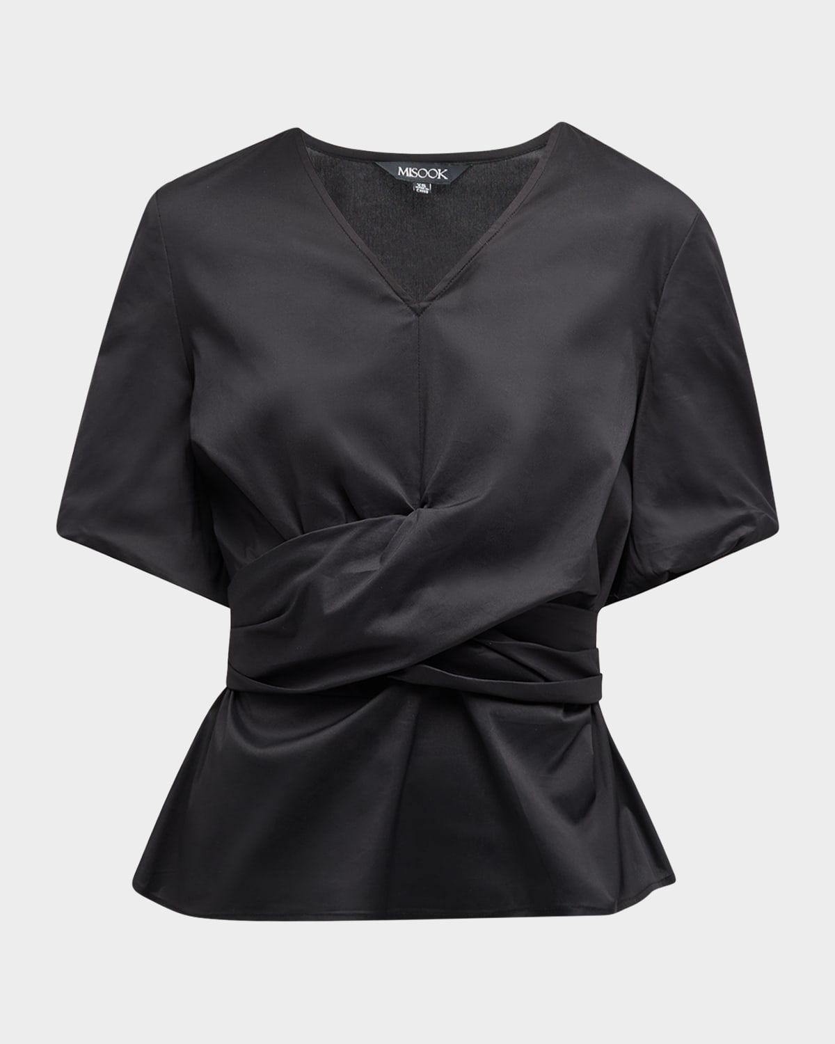 Misook Crossover Puff-sleeve Peplum Blouse In Black