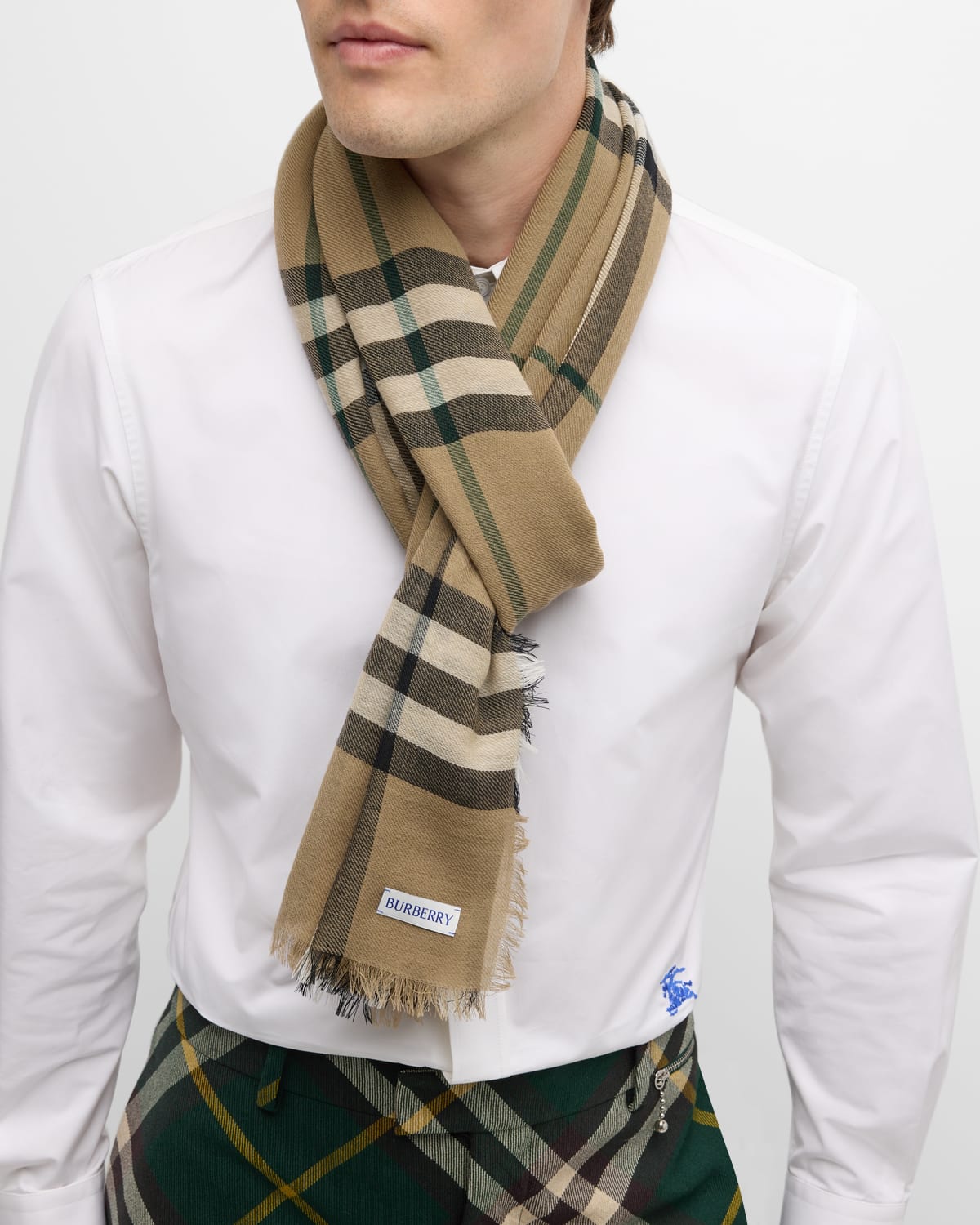 Shop Burberry Men's Wool Giant Check Scarf In Linden