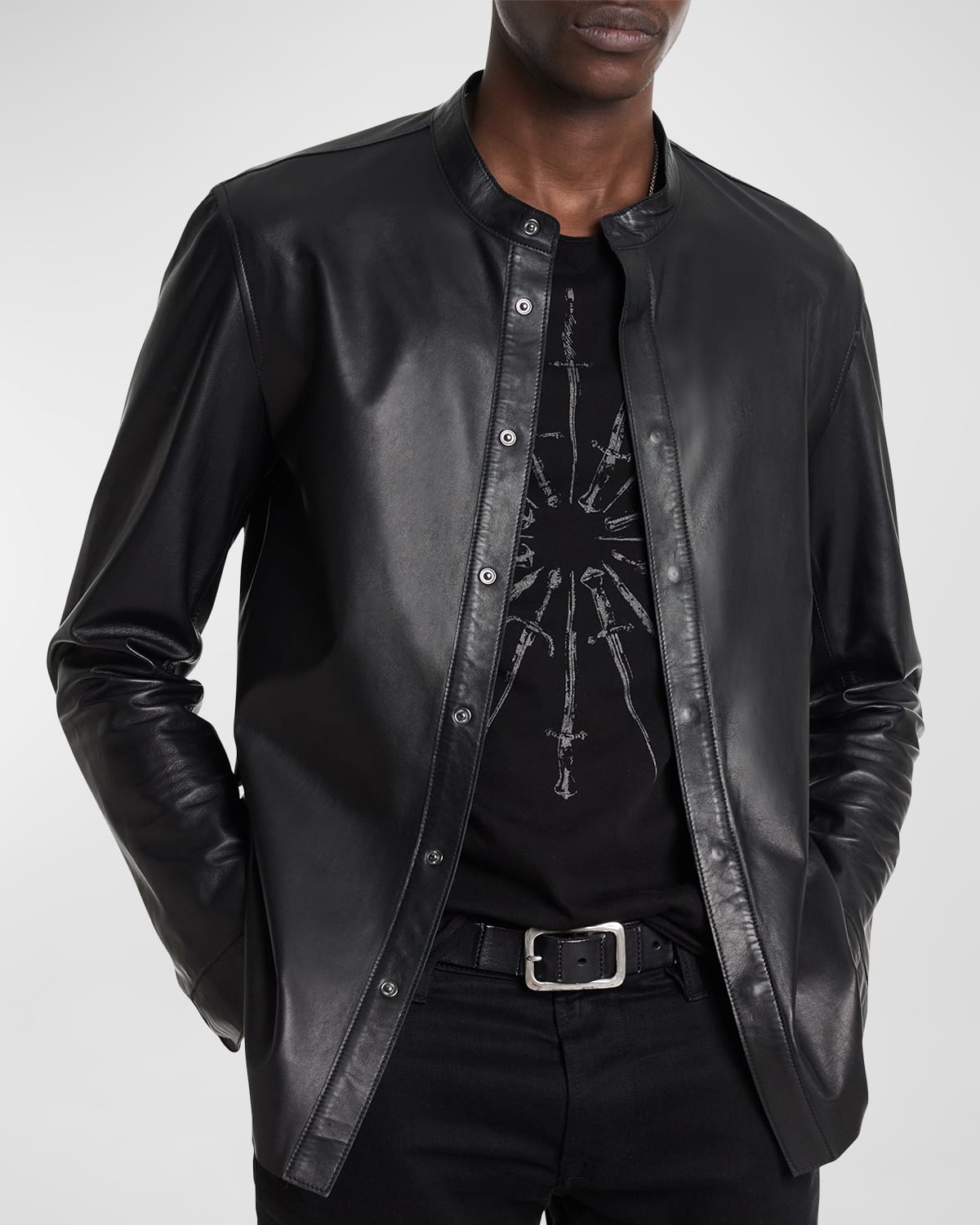 John Varvatos Men's Bernard Band-collar Leather Overshirt In Black