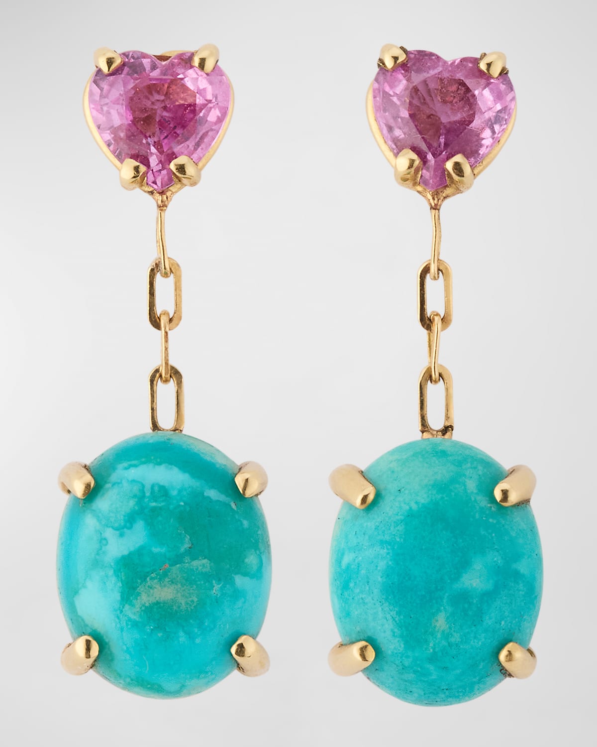 14K Yellow Gold Mona Lisa Turquoise Earrings with Pink Sapphire Heart Posts