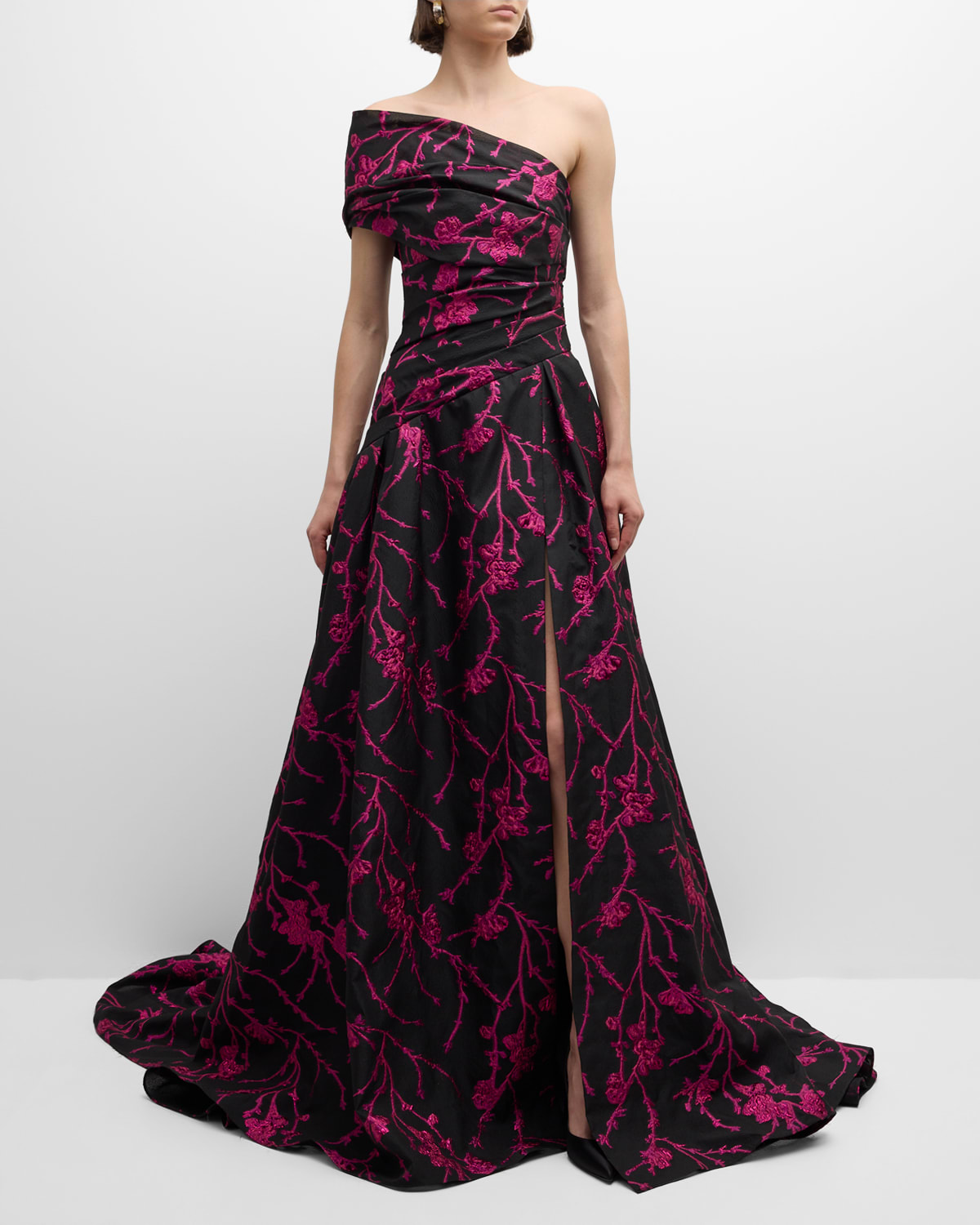 Shop Pamella Roland Floral Fil Coupe Draped One-shoulder Slit Gown In Blackfuchsia