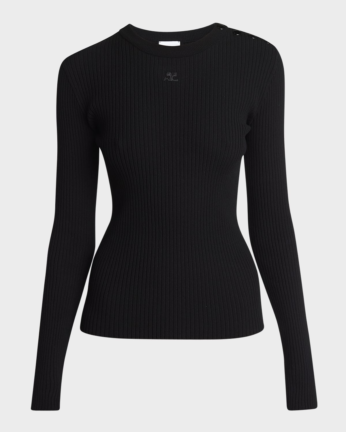 Courrèges Shoulder Snaps Long-sleeve Rib Sweater In Black