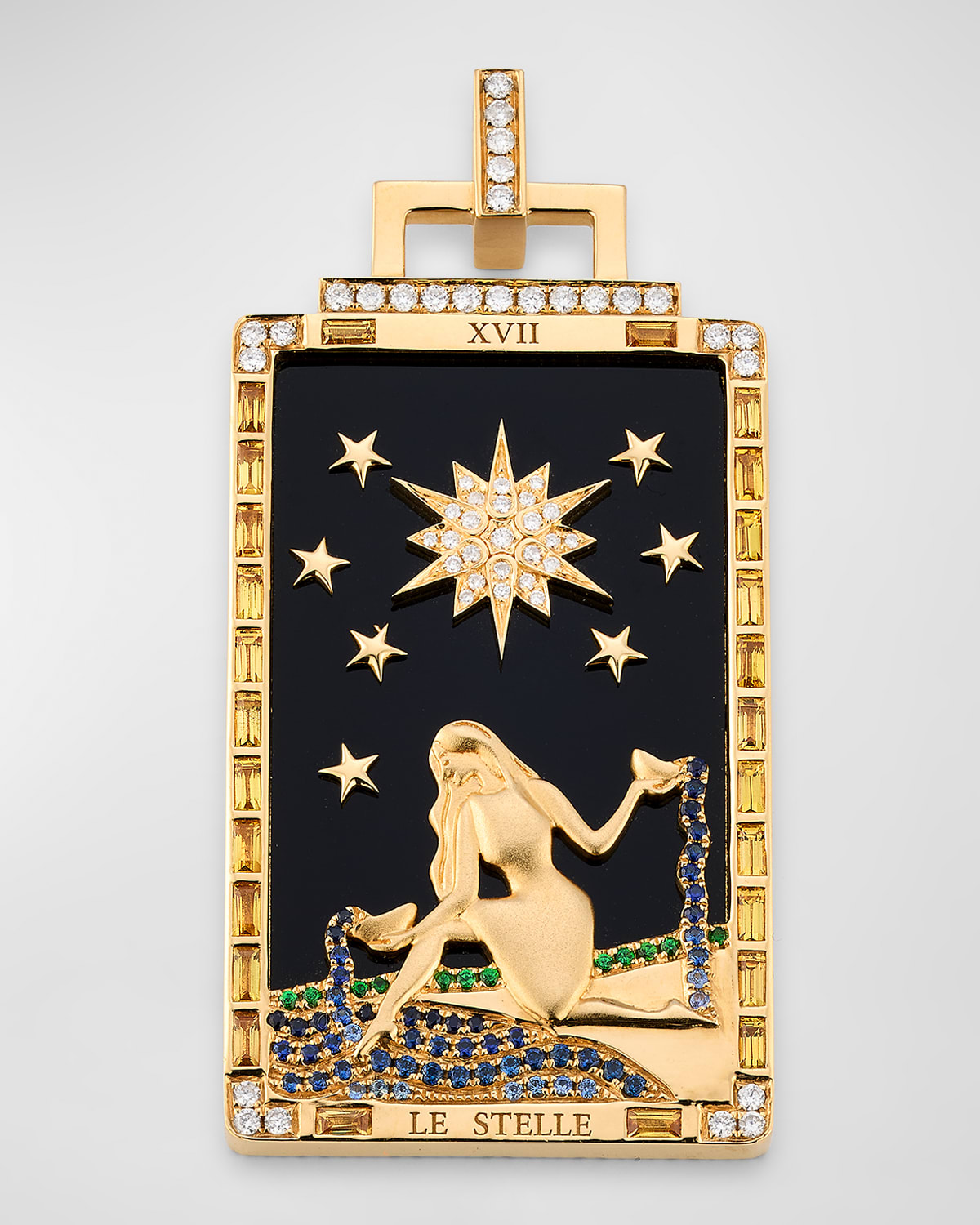 18K Yellow Gold Black Onyx Pendant with Sapphires, Tsavorite and GH-SI Diamonds, 54x28mm