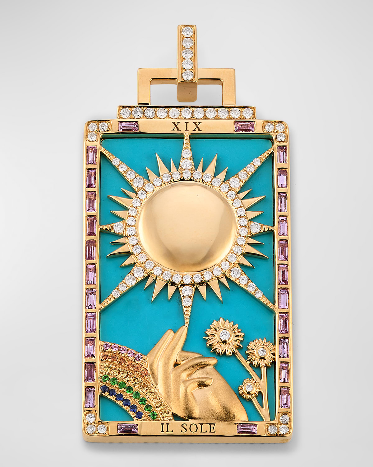 18K Yellow Gold Turquoise Pendant with Sapphires, Tsavorite and GH-SI Diamonds, 54x28mm