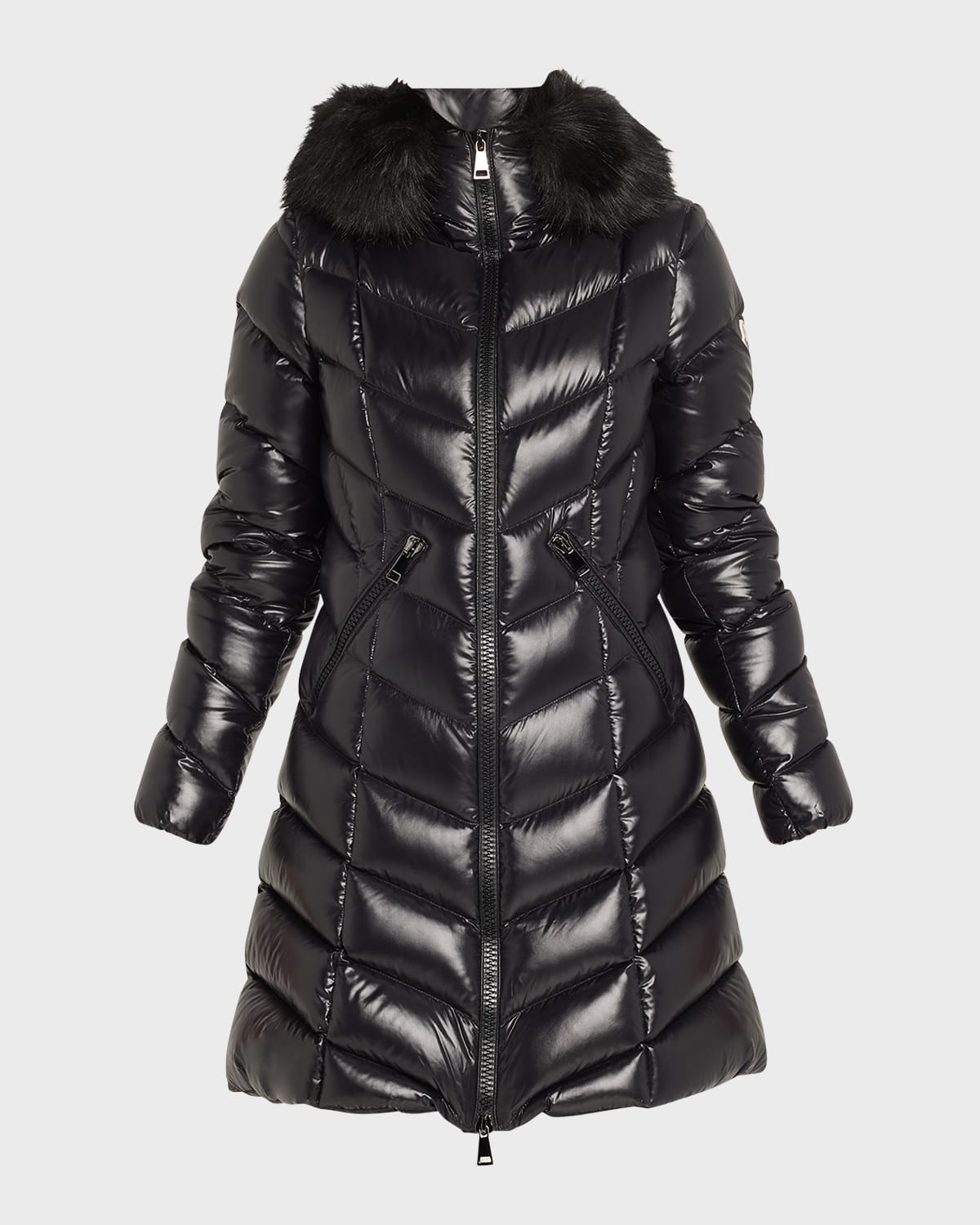 Fulmarus Chevron-Quilted Long Puffer Coat with Faux Fur Trim