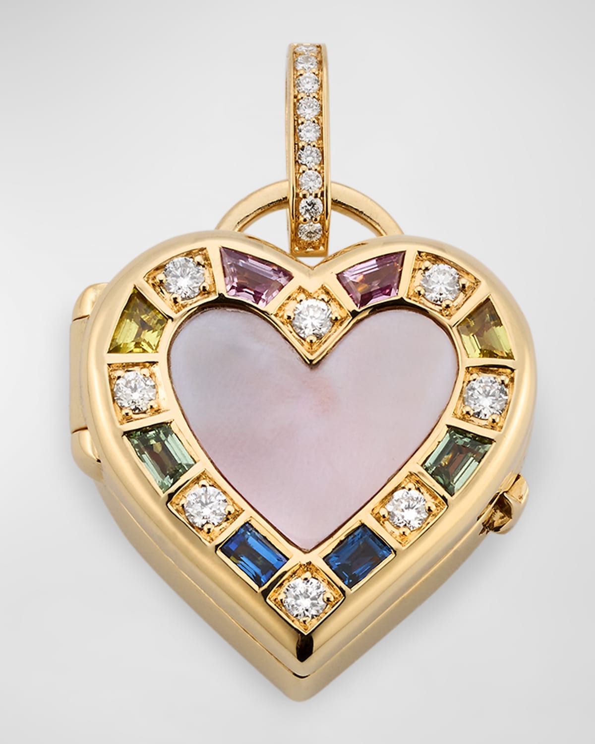 18K Yellow Gold Locket with Pink Mother of Pearl, Rainbow Sapphires and GH-SI Diamonds, 30x20mm