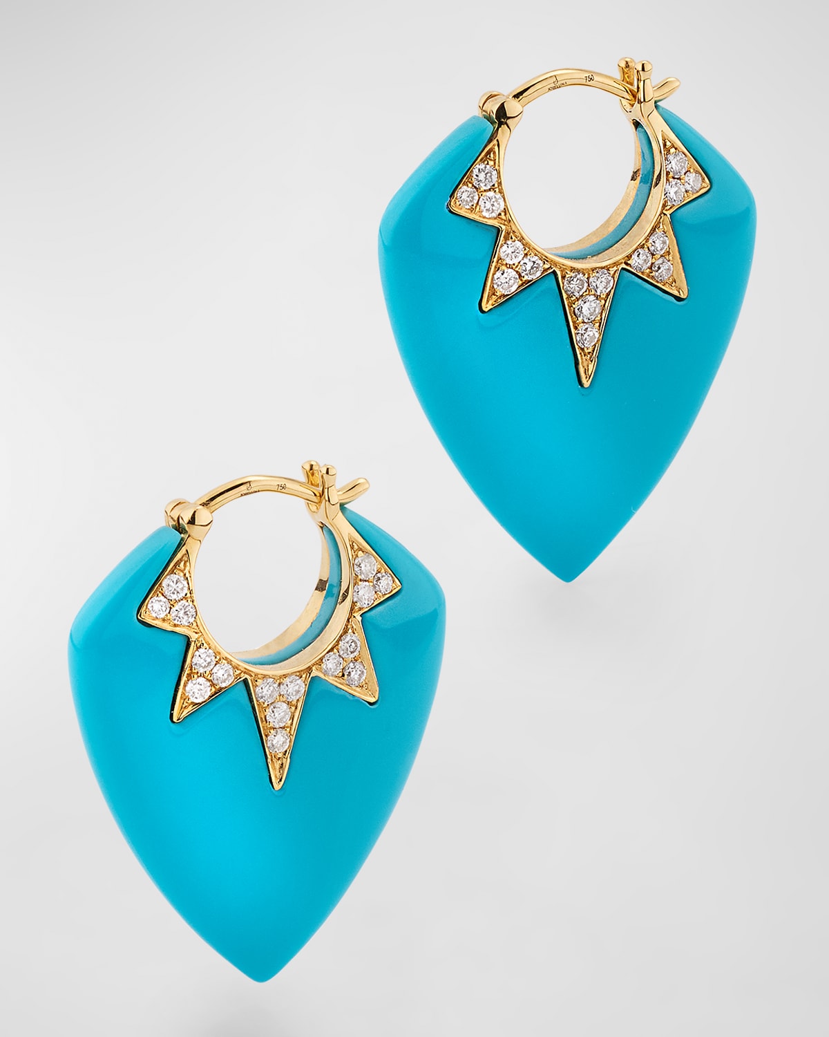 18K Yellow Gold Earrings with Turquoise and GH-SI Diamonds. 25x20mm