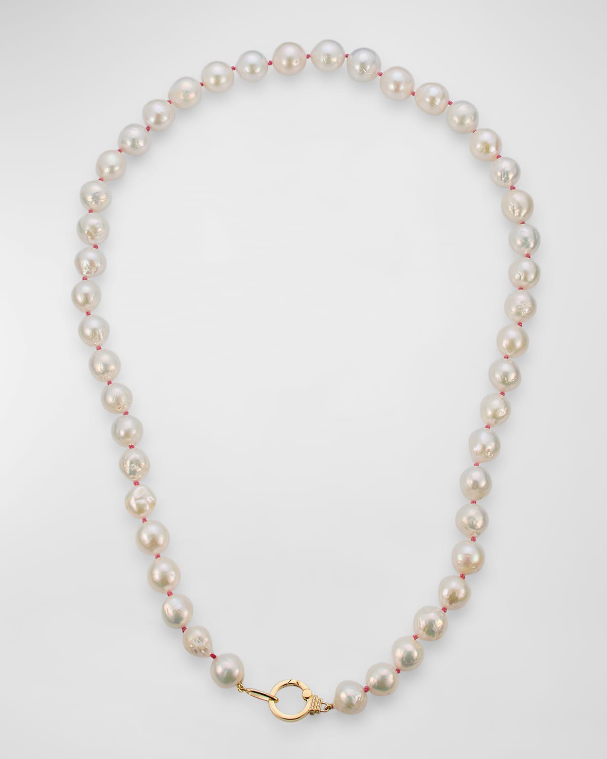 18K Yellow Gold Pink String Necklace with Freshwater Pearls and GH-SI Diamonds, 26"L