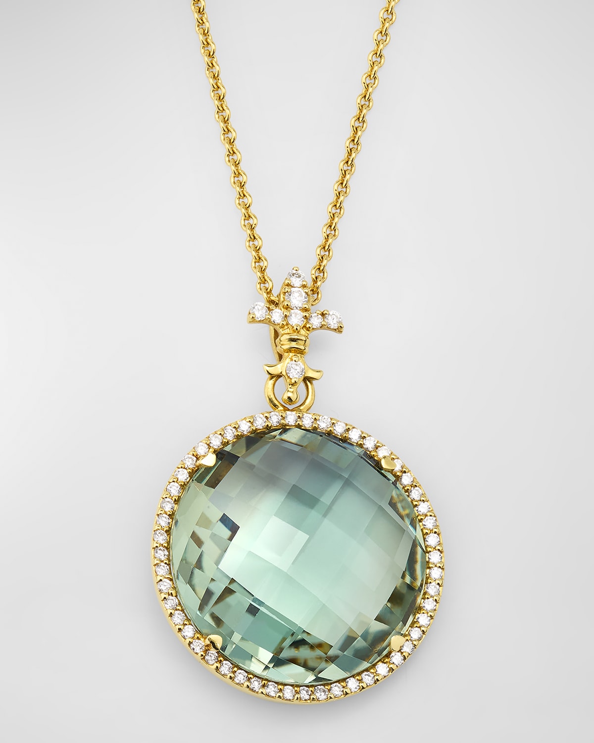 Rocks 18K Yellow Gold Green Quartz Diamond Halo and Fleur de Lis Bail Pendant Necklace