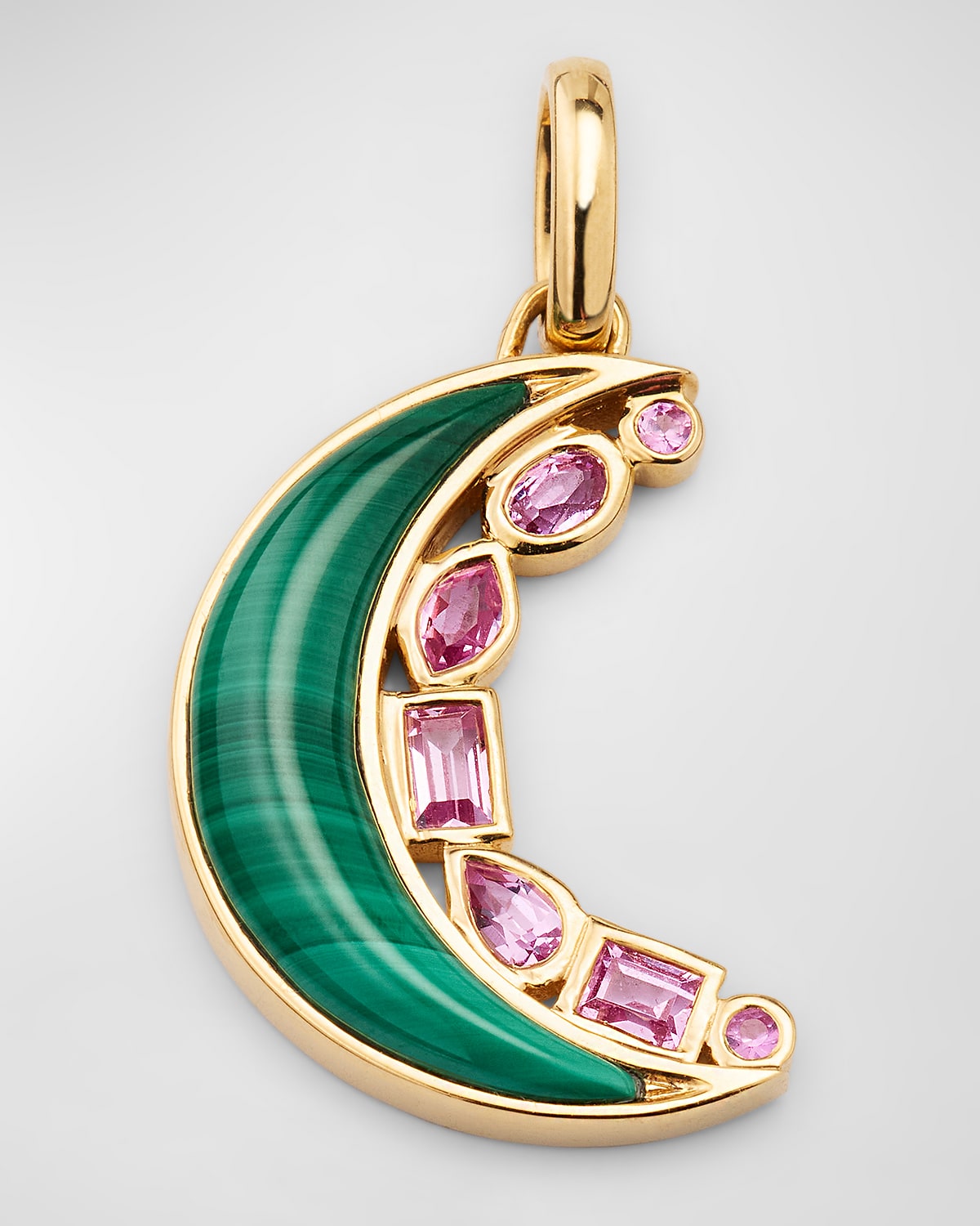 Sorellina 18K Yellow Gold Malachite and Pink Sapphire Crescent Moon Pendant, 19mm