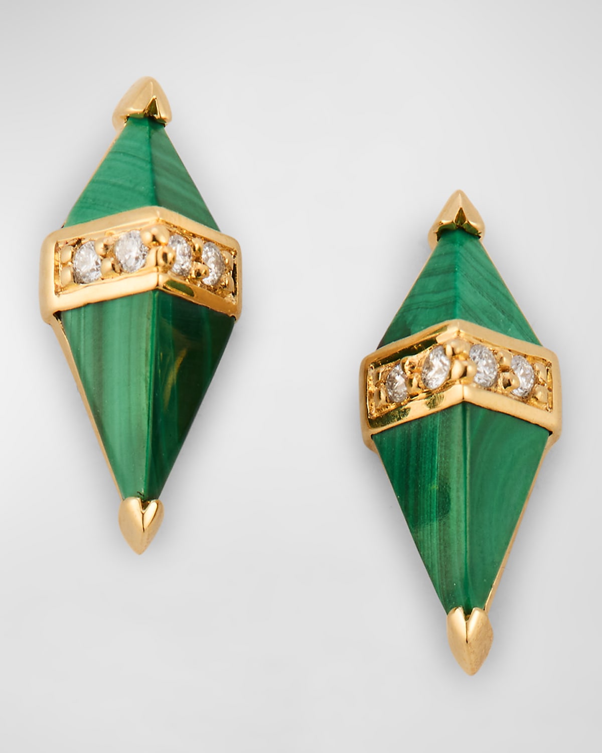 18K Yellow Gold Earrings with Malachite and GH-SI Diamonds, 12x5mm
