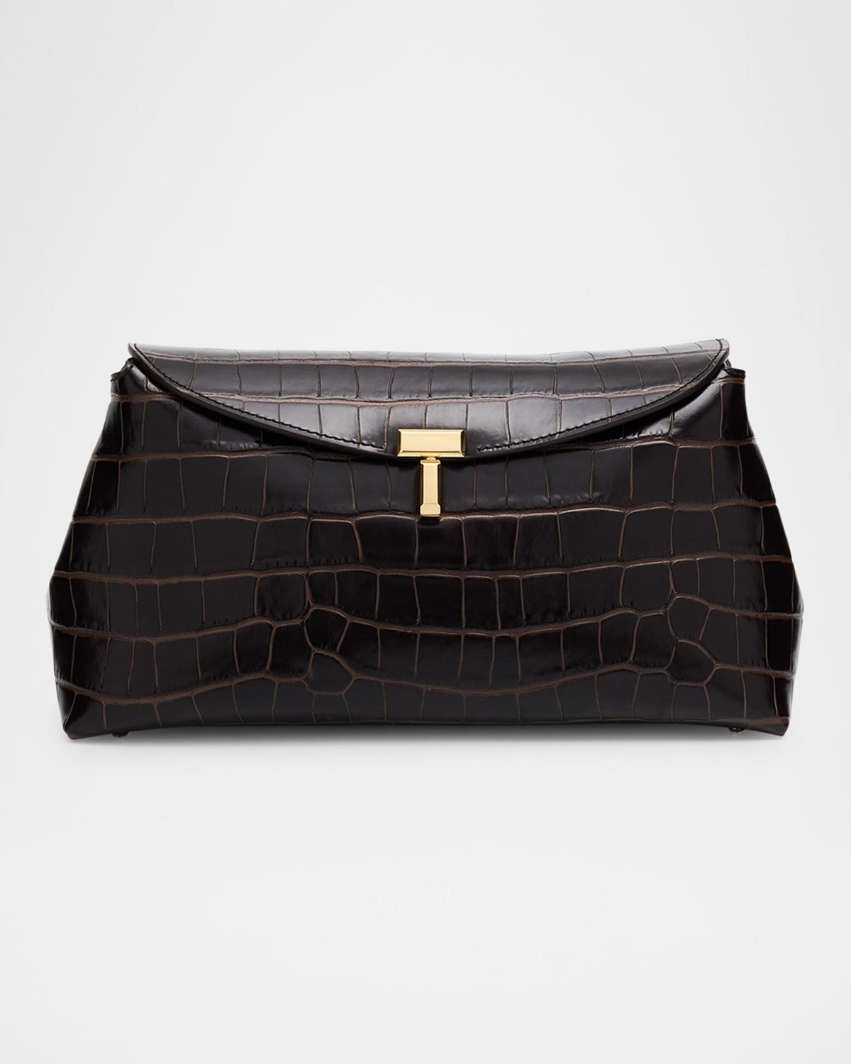 Totême T-lock Croc-embossed Leather Clutch Bag In Brown