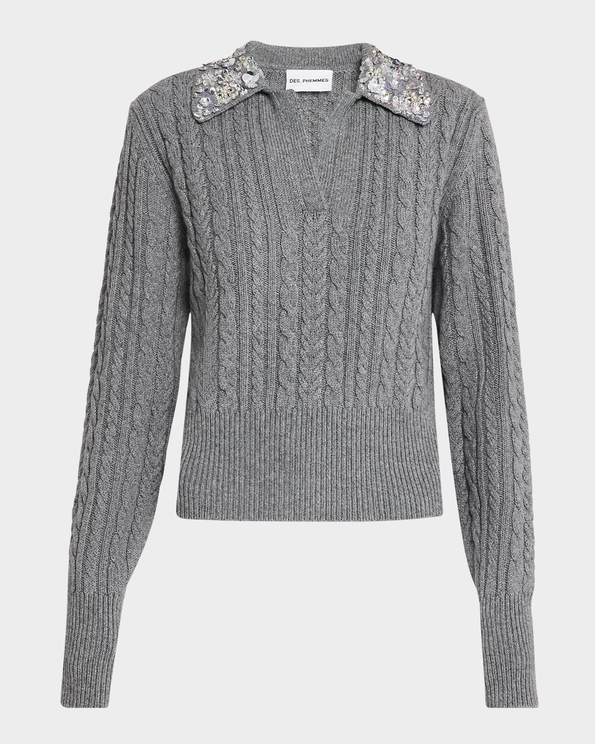 Des Phemmes Embellished Cable-Knit Polo Sweater