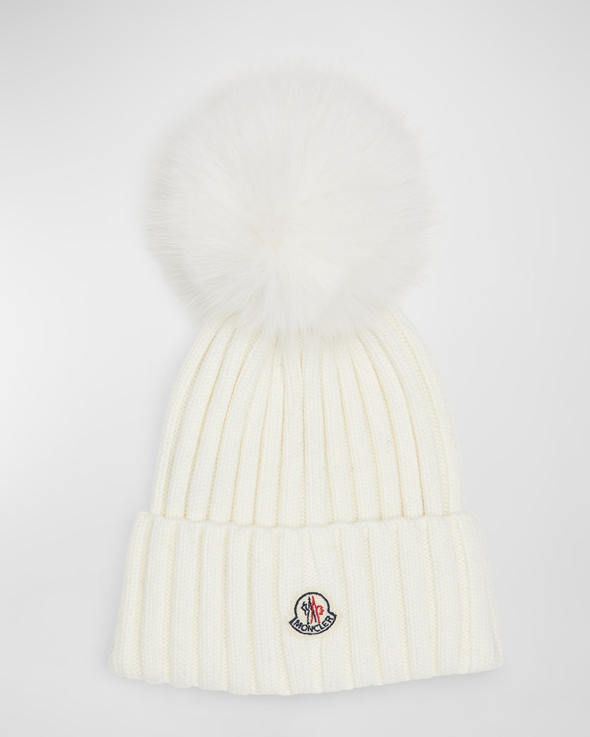 Moncler Ribbed Wool Beanie With Faux Fur Pom In Natural
