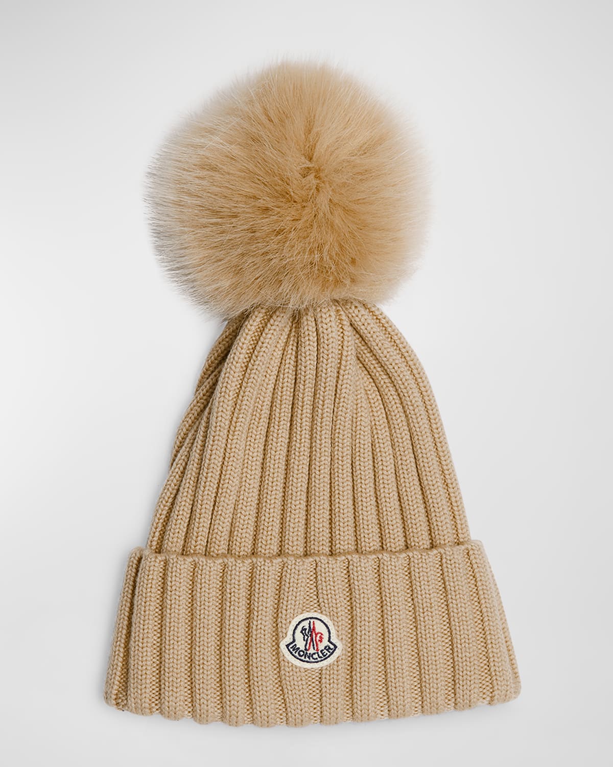 Moncler Ribbed Wool Beanie With Faux Fur Pom In Medium Beige
