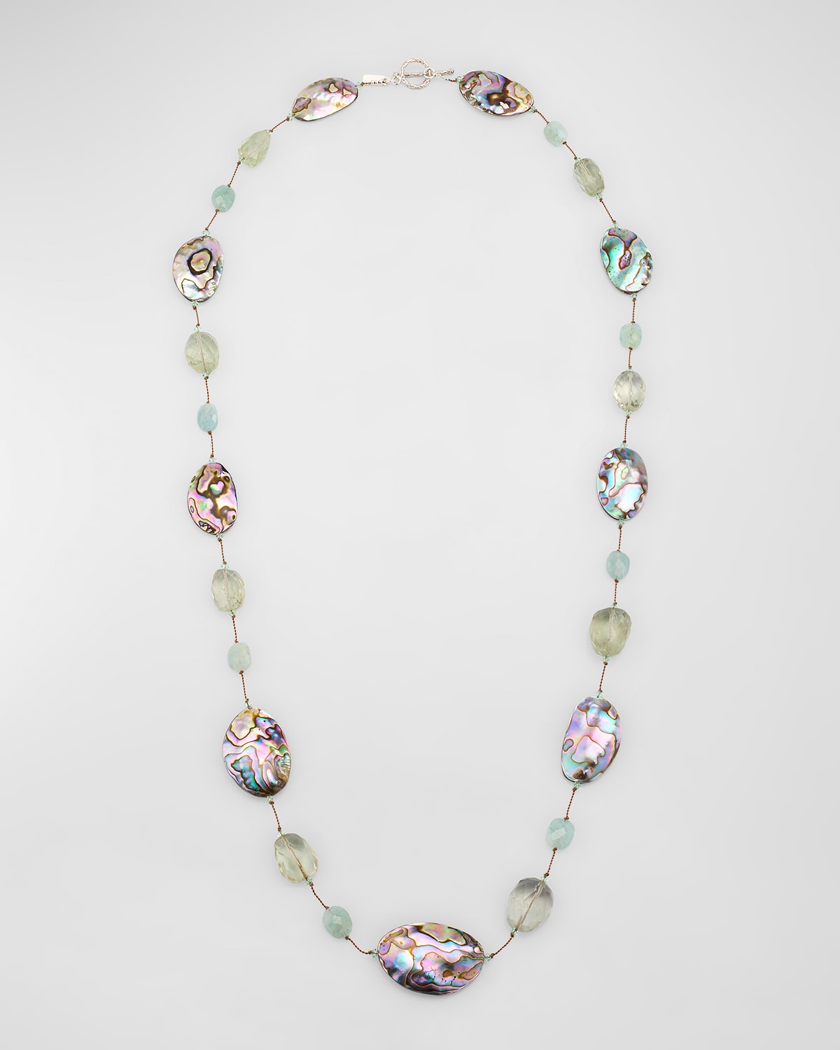 Limited Edition Abalone, Green Amethyst and Aquamarine Necklace in Sterling Silver, 35"L