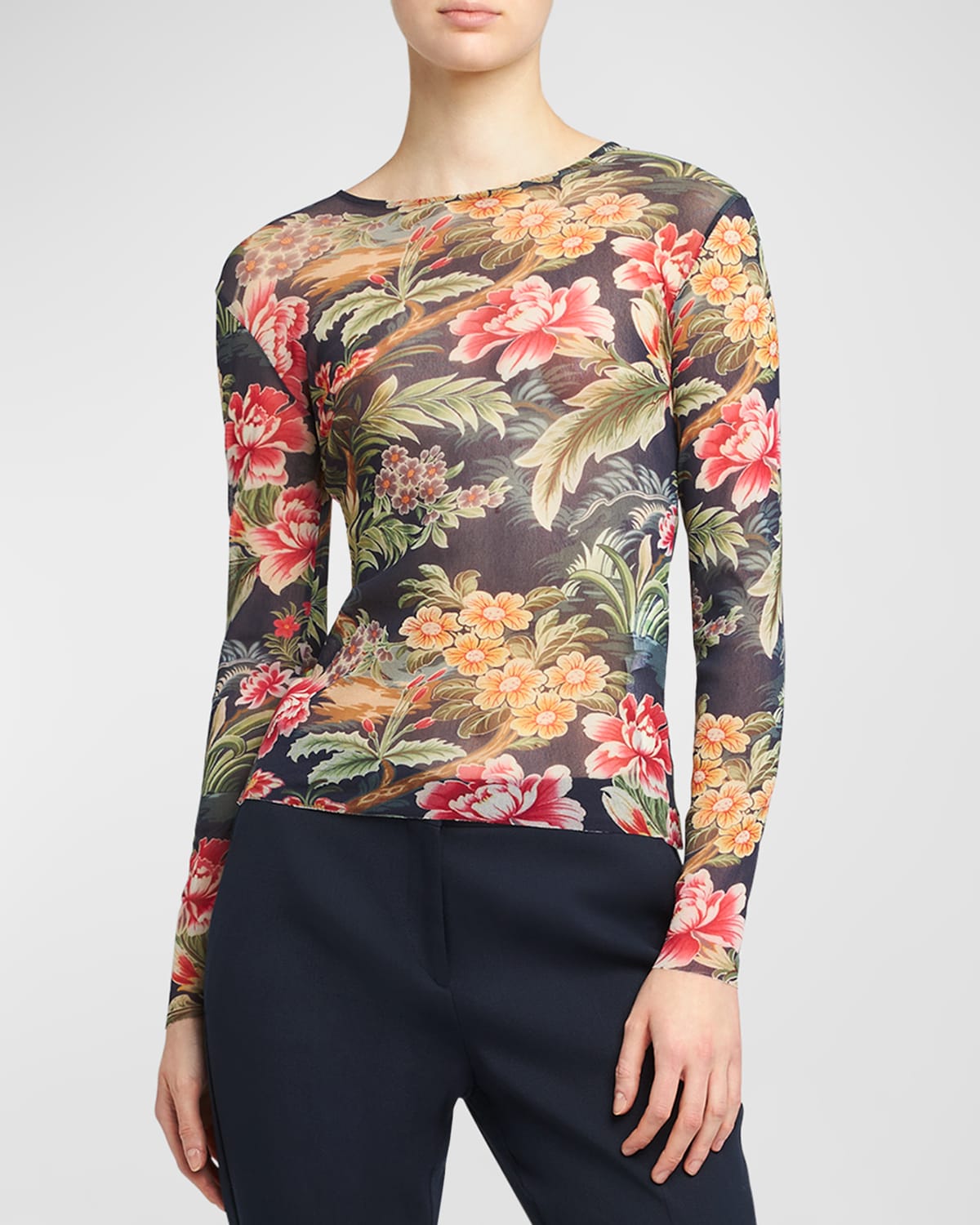 Shop Etro Floral Long-sleeve Mesh Top In Print On Blue Base