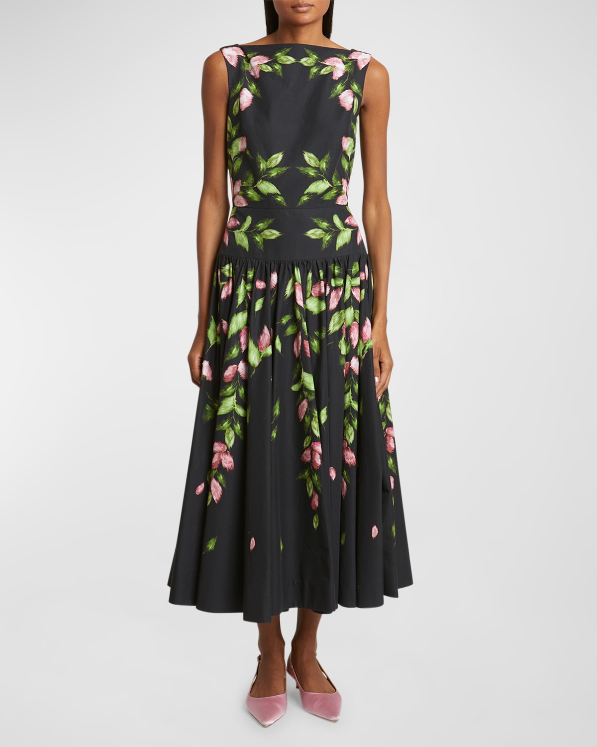 Floral Drop-Waist Sleeveless Midi Dress