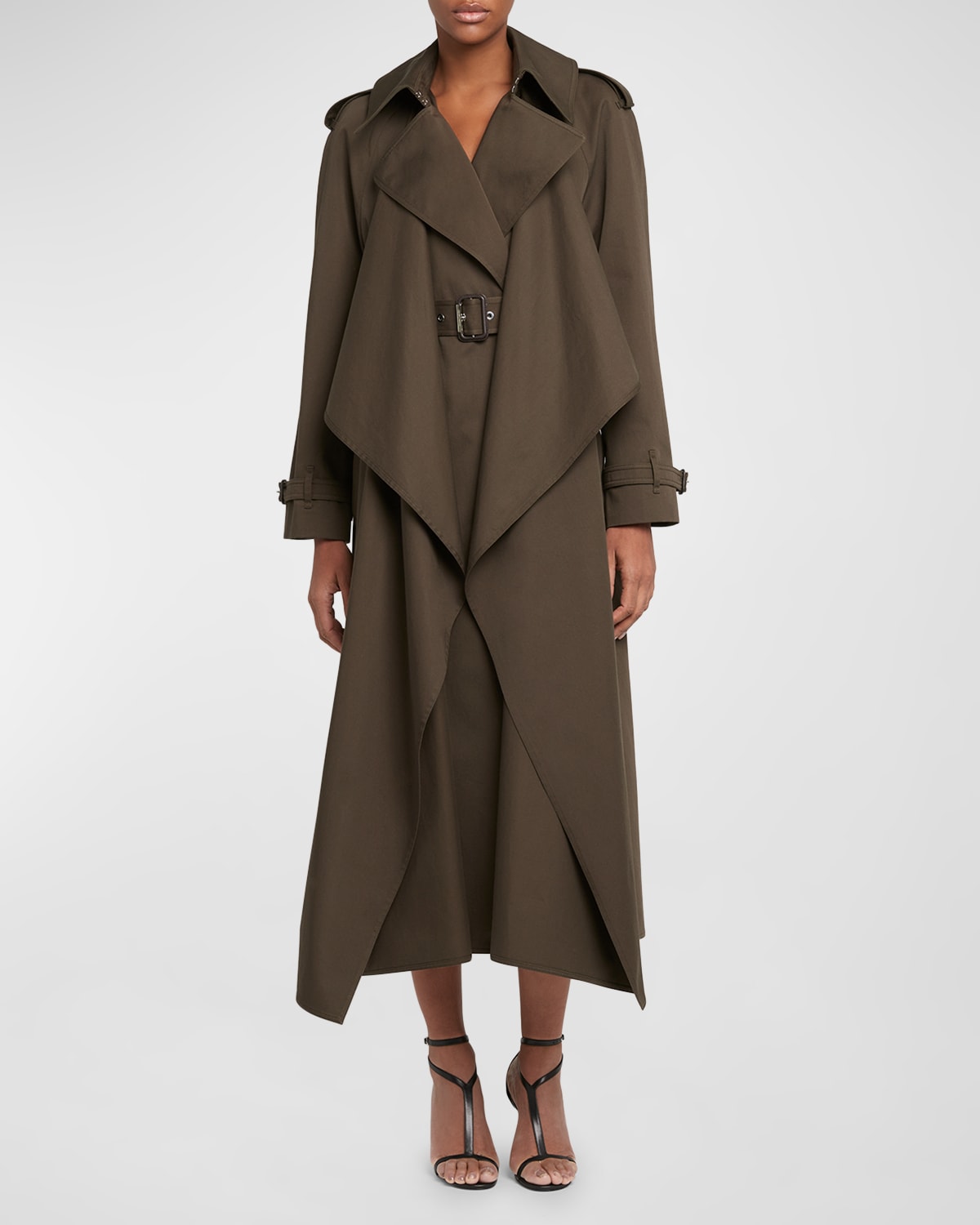 Shop Alexander Mcqueen Draped Trench Coat With Belted Waist In Green