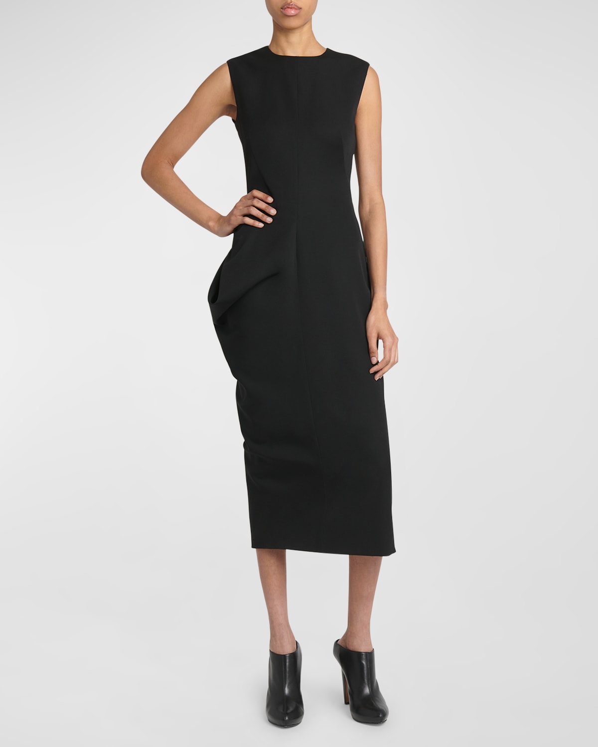 Shop Alexander Mcqueen Wool Midi Dress With Draped Waist Detail In Black
