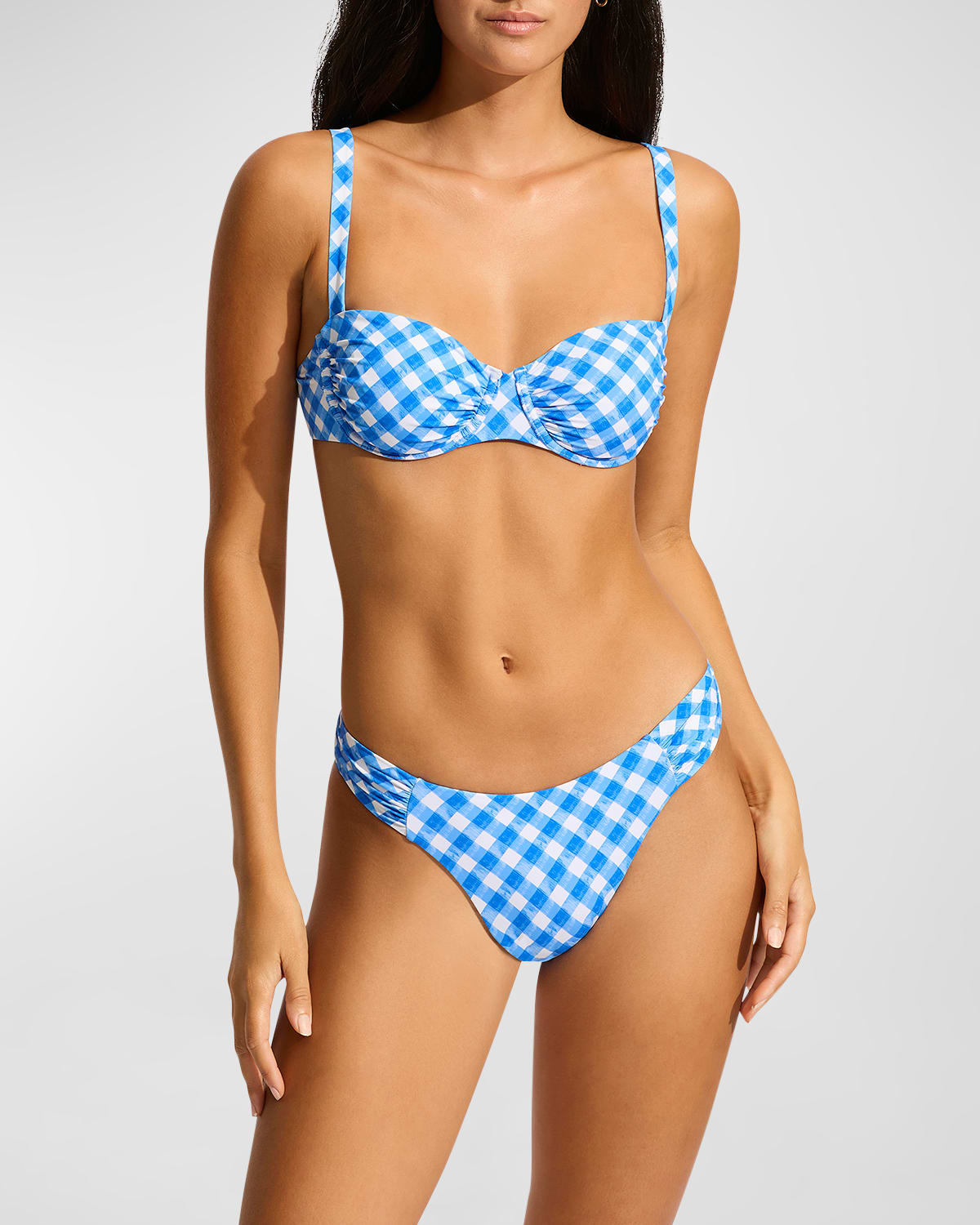 Seafolly Ruched Plaid Underwire Bikini Top In Blue