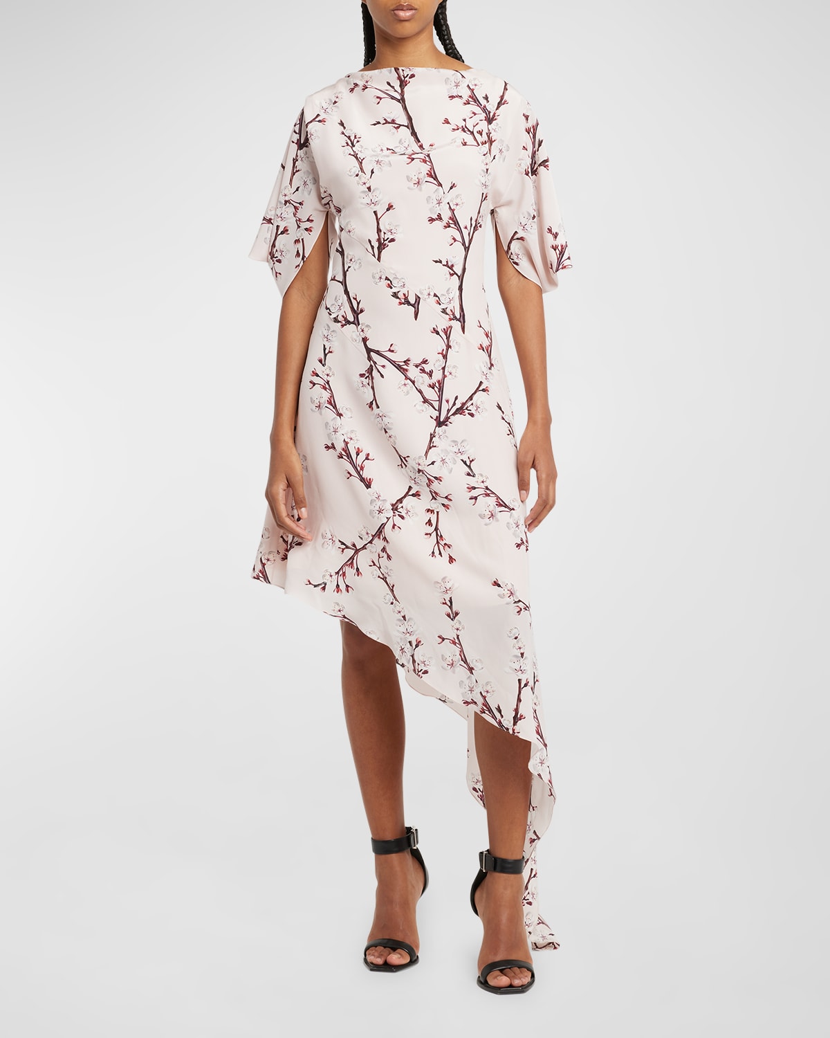 Alexander Mcqueen Floral-print Short-sleeve Asymmetric Silk Day Dress In Pink